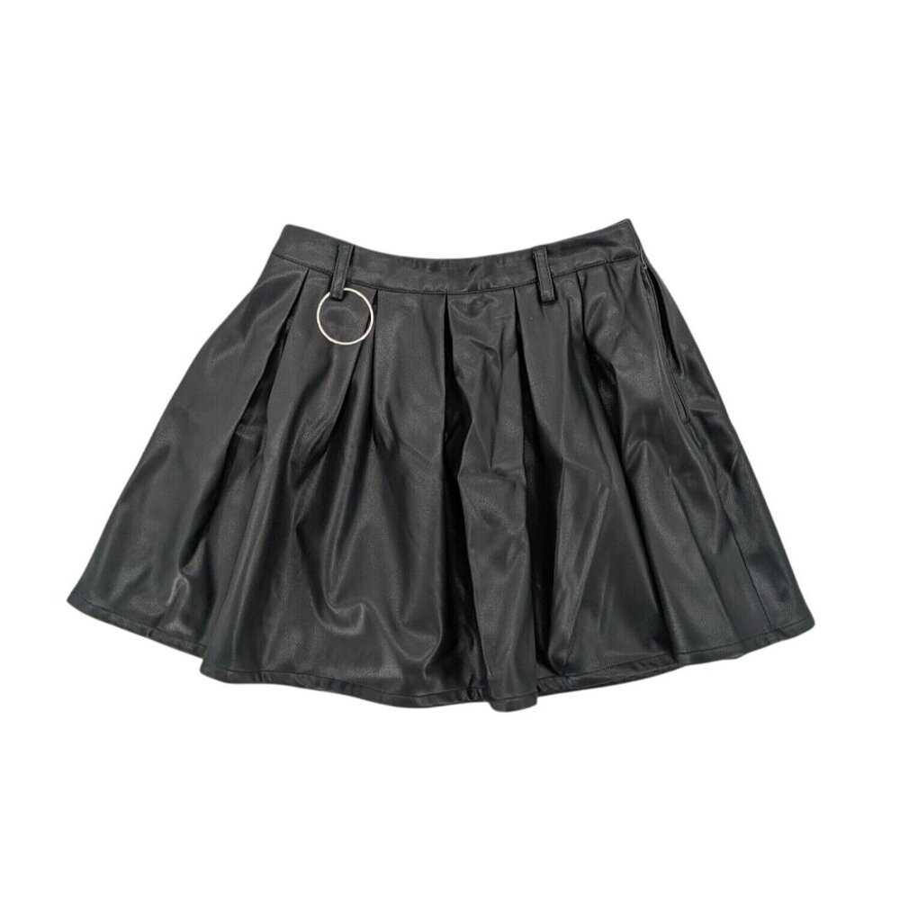 Black Faux Leather Skater Skirt O Ring Pleated Goth Grunge Rock Rave Y2K Size S